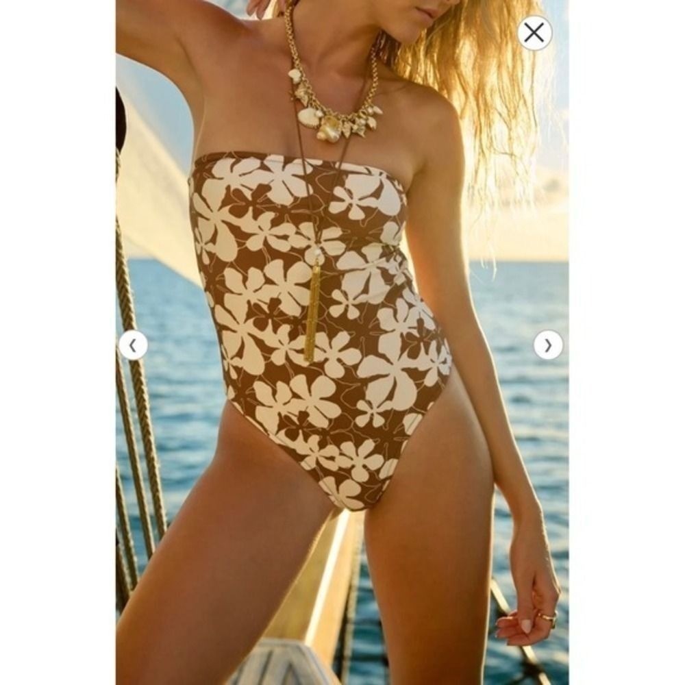 Altar'd State Brown Floral Strapless Bandeau Cutout One Piece Swimsuit Size XS